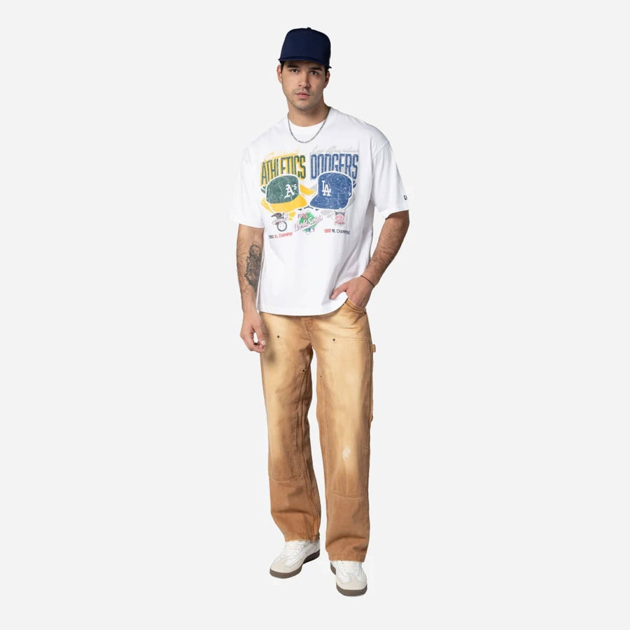 The Male model is wearing MLB Dueling Logos Oakland Athletics VS LA Dodgers Sport Classic White T-Shirt 4