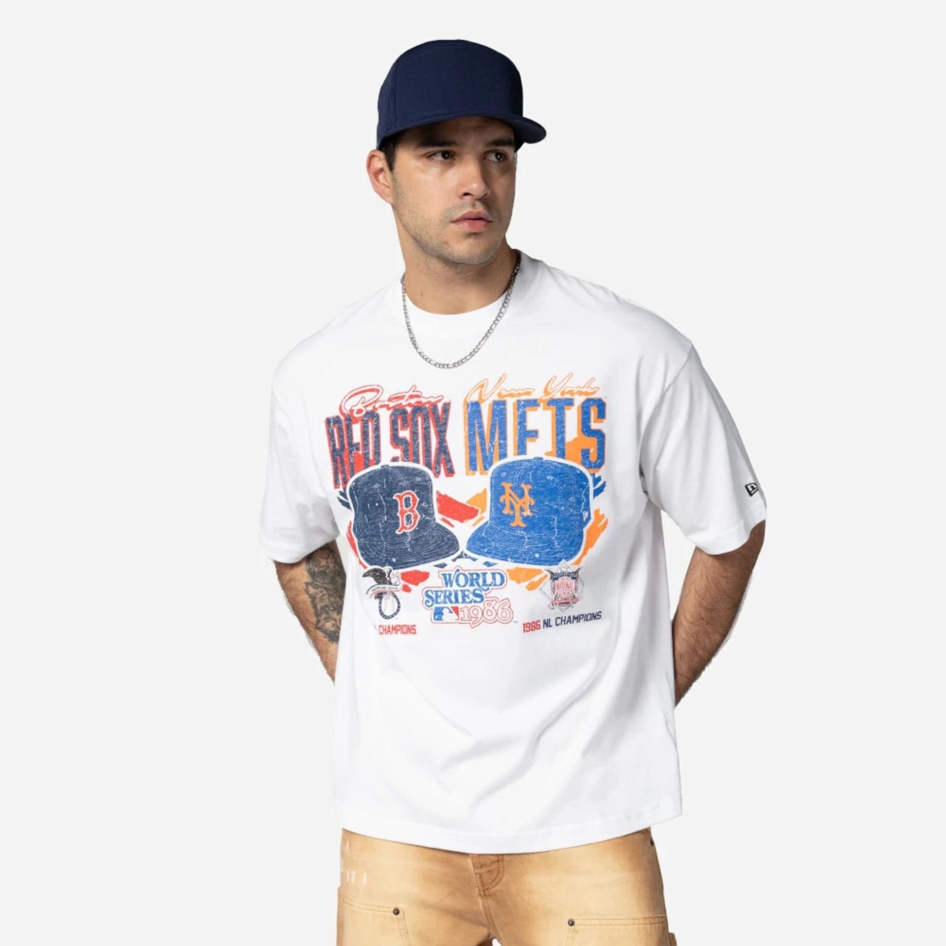 The Male model is wearing MLB Dueling Logos Boston Red Sox VS New York Mets Sport Classic White T-Shirt 1