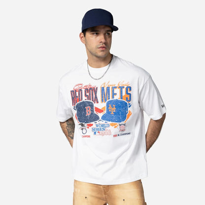The Male model is wearing MLB Dueling Logos Boston Red Sox VS New York Mets Sport Classic White T-Shirt 1