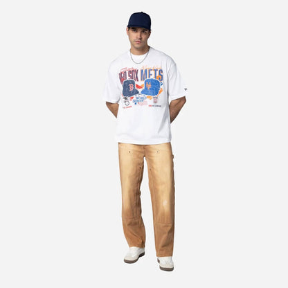 The Male model is wearing MLB Dueling Logos Boston Red Sox VS New York Mets Sport Classic White T-Shirt 4