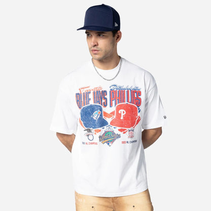 The Male model is wearing MLB Dueling Logos Toronto Blue Jays VS Philadelphia Phillies Sport Classic White T-Shirt 1