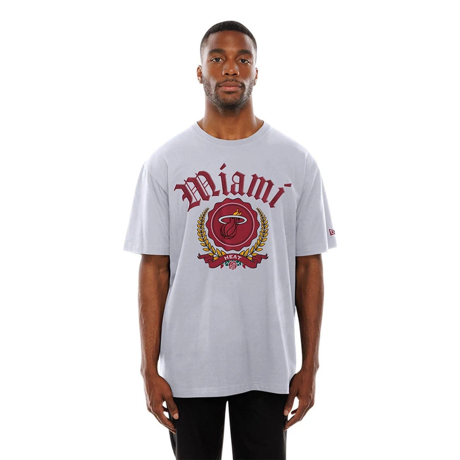 The Male model is wearing Miami Heat Throwback Prep White T-Shirt 6