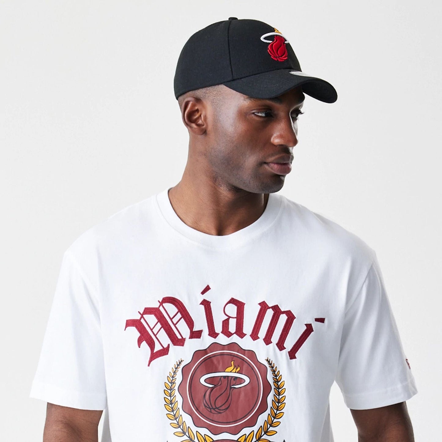 The Male model is wearing Miami Heat Throwback Prep White T-Shirt 3