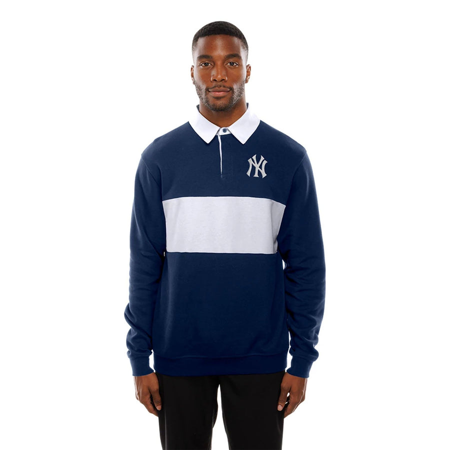 The Male model is wearing New York Yankees Throwback Prep Navy Long Sleeve Rugby Shirt 6