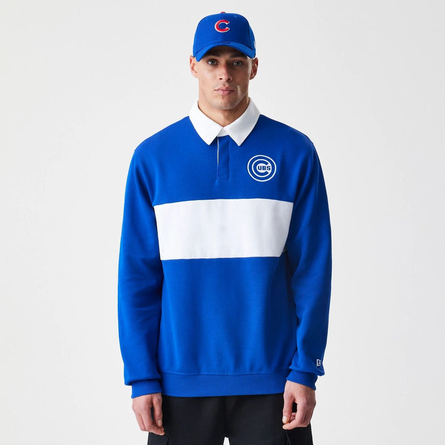 The Male model is wearing Chicago Cubs Throwback Prep Blue Long Sleeve Rugby Shirt 1