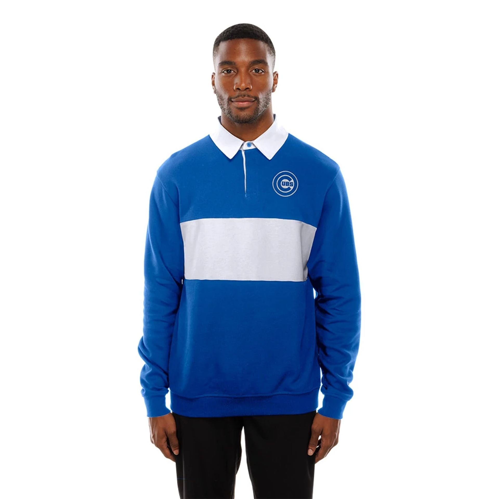 The Male model is wearing Chicago Cubs Throwback Prep Blue Long Sleeve Rugby Shirt 6