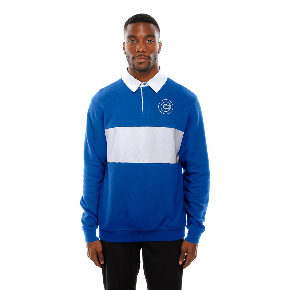 The Male model is wearing Chicago Cubs Throwback Prep Blue Long Sleeve Rugby Shirt 6