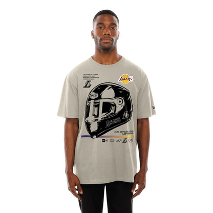 The Male model is wearing LA Lakers Modern Driver Light Beige T-Shirt 6