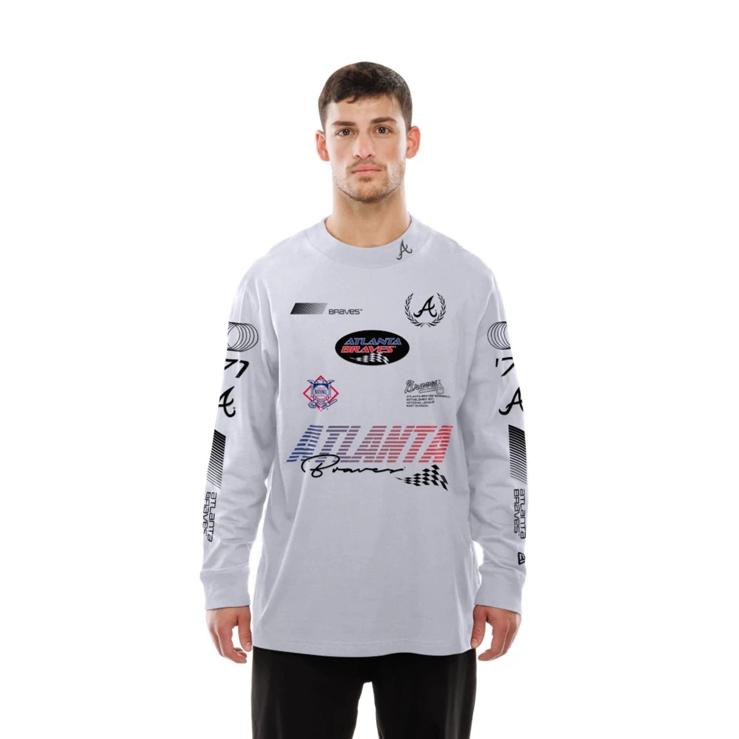 The Male model is wearing Atlanta Braves Modern Driver White Long Sleeve T-Shirt 6
