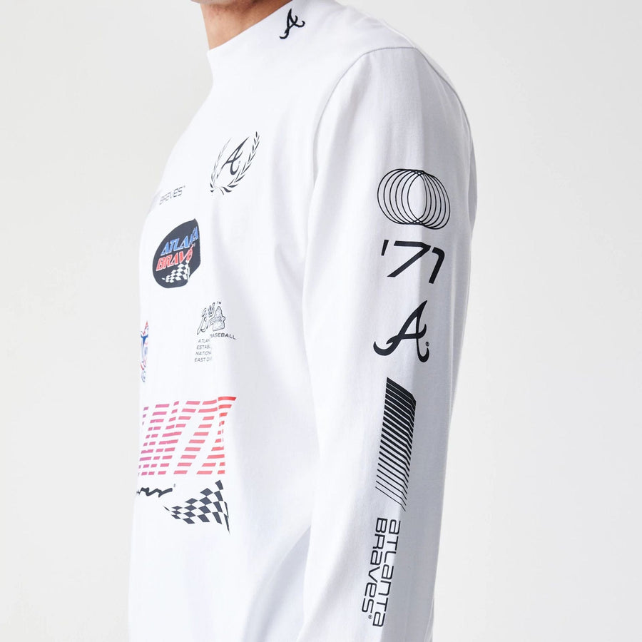 The Male model is wearing Atlanta Braves Modern Driver White Long Sleeve T-Shirt 3