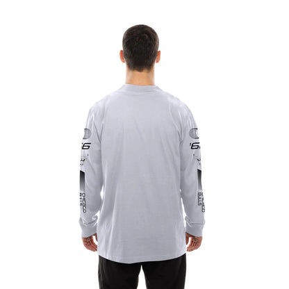 The Male model is wearing Chicago Bulls Modern Driver White Long Sleeve T-Shirt 7