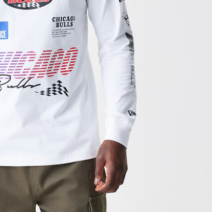 The Male model is wearing Chicago Bulls Modern Driver White Long Sleeve T-Shirt 4