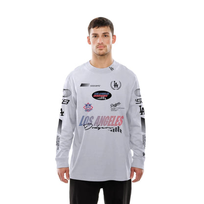 The Male model is wearing LA Dodgers Modern Driver White Long Sleeve T-Shirt 6