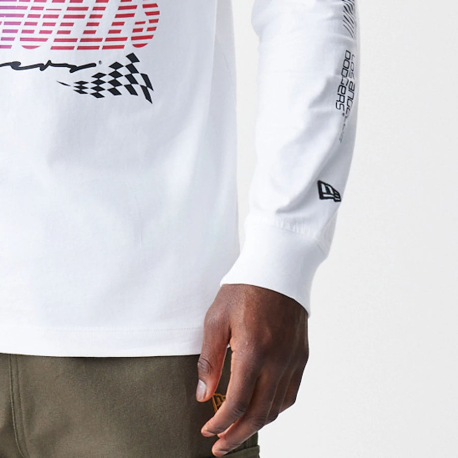 The Male model is wearing LA Dodgers Modern Driver White Long Sleeve T-Shirt 4