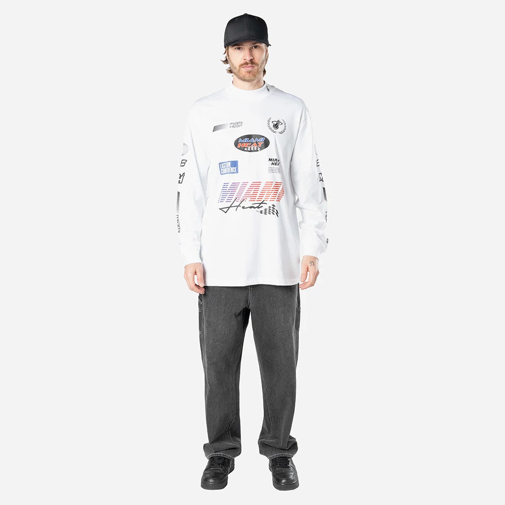 The Male model is wearing Miami Heat Modern Driver White Long Sleeve T-Shirt 5