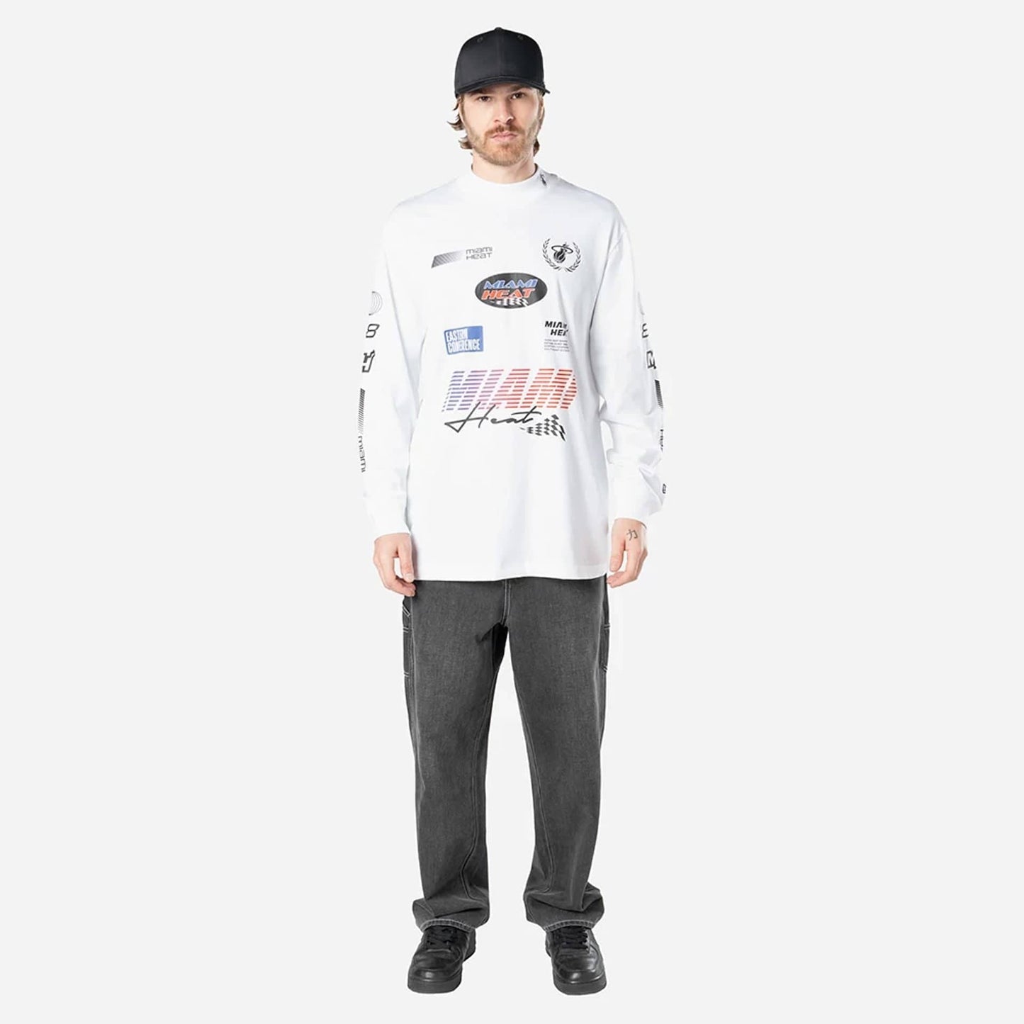 The Male model is wearing Miami Heat Modern Driver White Long Sleeve T-Shirt 5