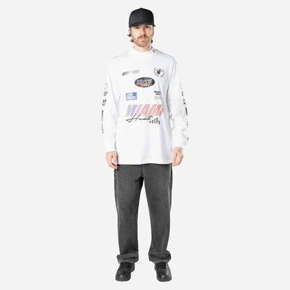 The Male model is wearing Miami Heat Modern Driver White Long Sleeve T-Shirt 5