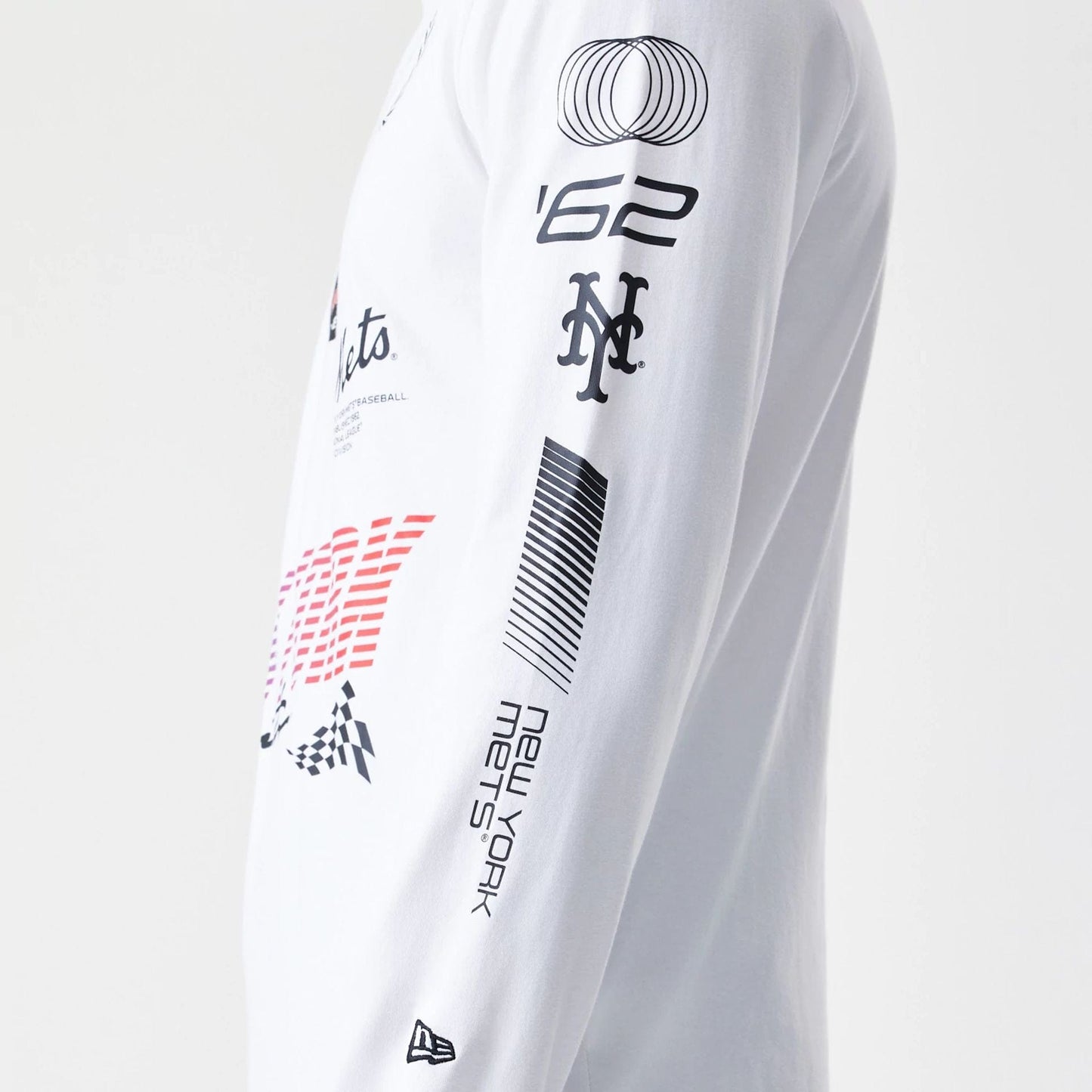 The Male model is wearing New York Mets Modern Driver White Long Sleeve T-Shirt 4