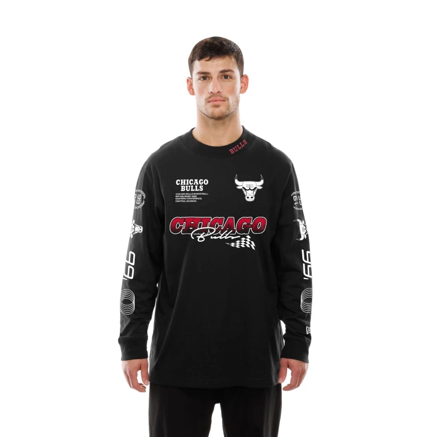 The Male model is wearing Chicago Bulls Modern Driver Black Long Sleeve T-Shirt 6