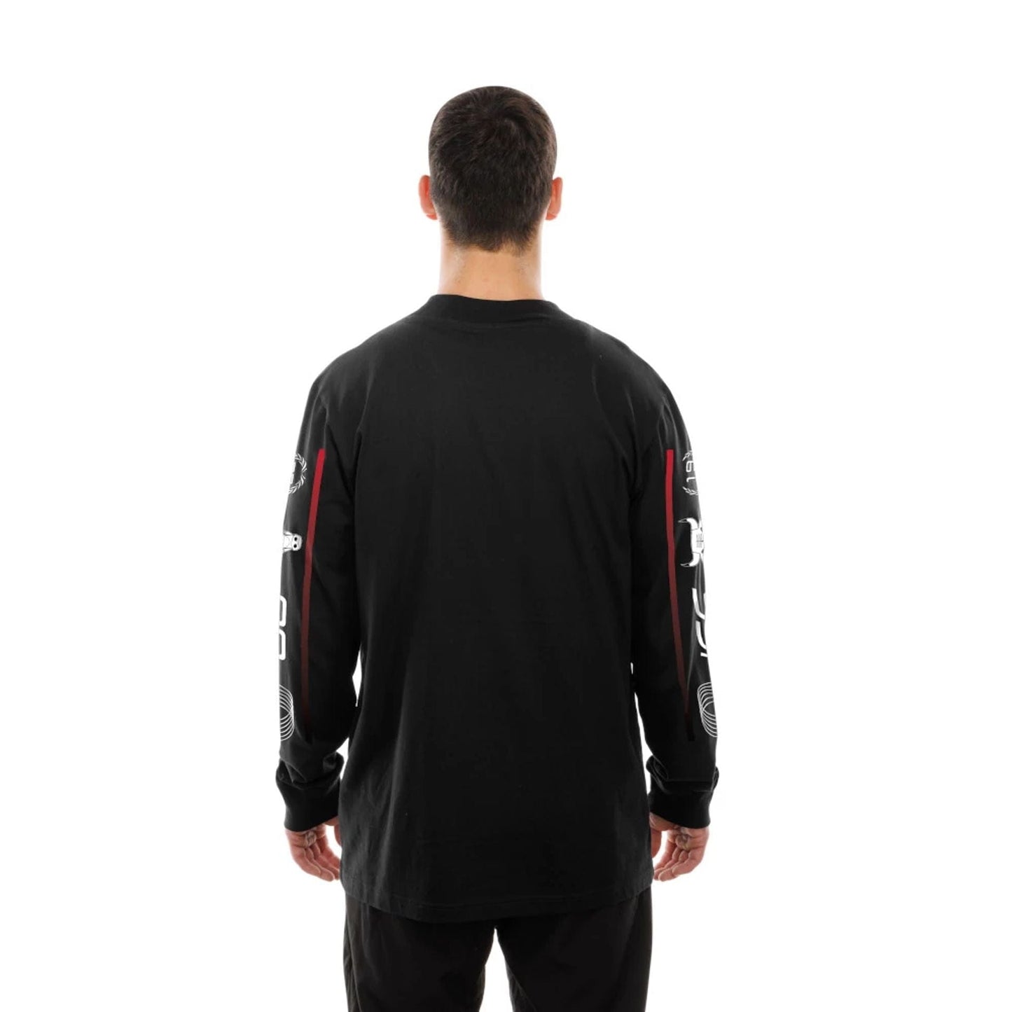 The Male model is wearing Chicago Bulls Modern Driver Black Long Sleeve T-Shirt 7