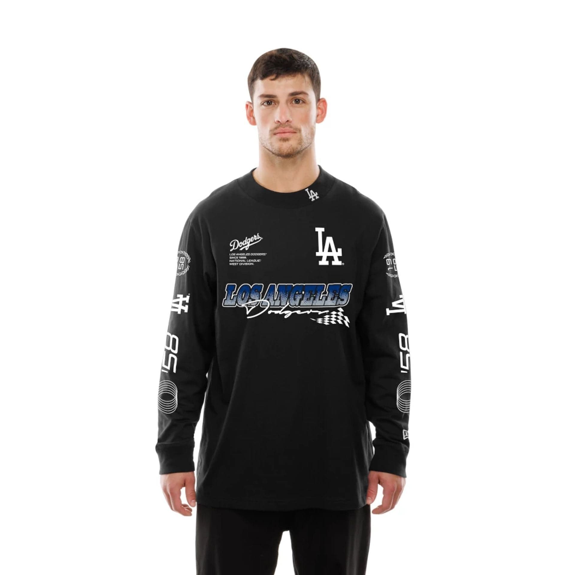 The Male model is wearing LA Dodgers Modern Driver Black Long Sleeve T-Shirt 6
