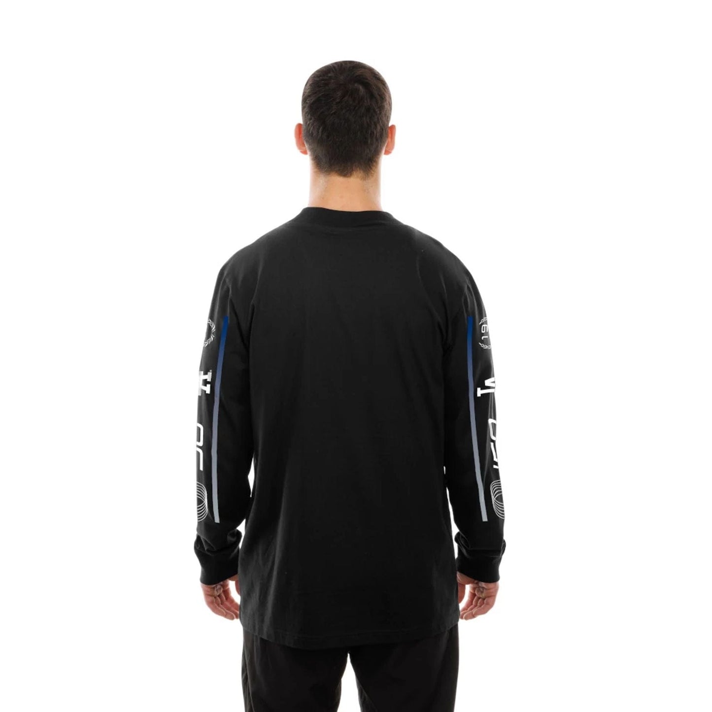 The Male model is wearing LA Dodgers Modern Driver Black Long Sleeve T-Shirt 7