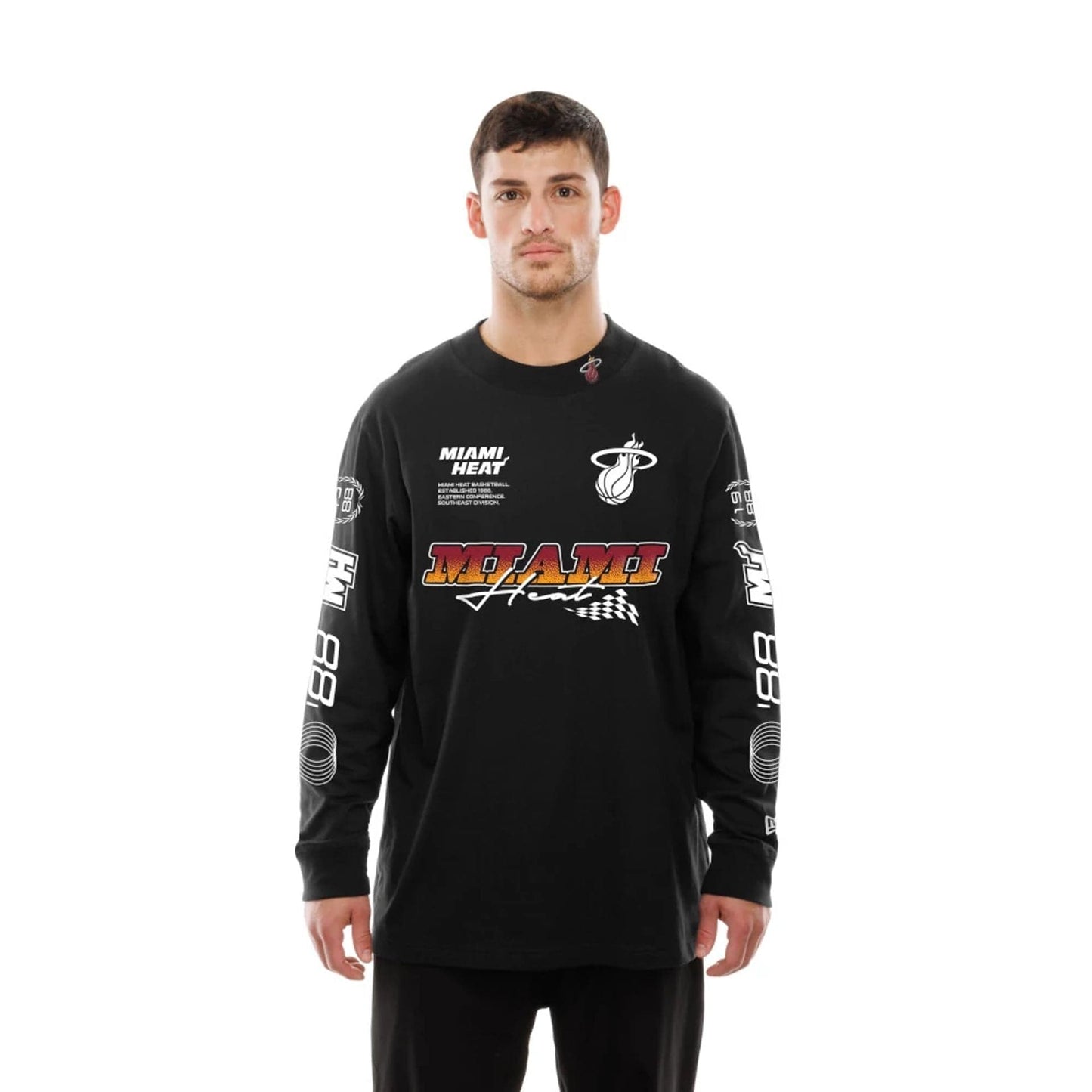 The Male model is wearing Miami Heat Modern Driver Black Long Sleeve T-Shirt 6