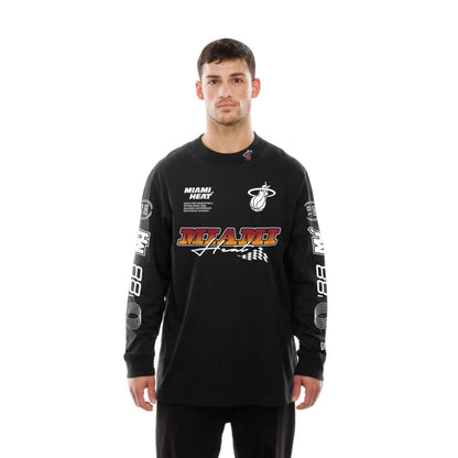 The Male model is wearing Miami Heat Modern Driver Black Long Sleeve T-Shirt 6