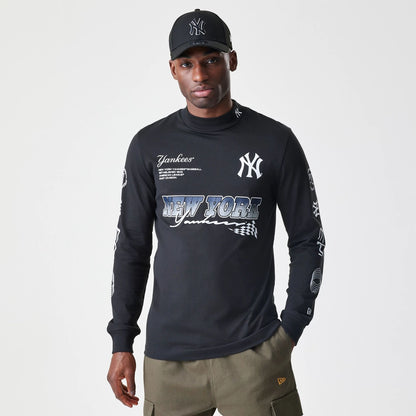 The Male model is wearing New York Yankees Modern Driver Black Long Sleeve T-Shirt 1