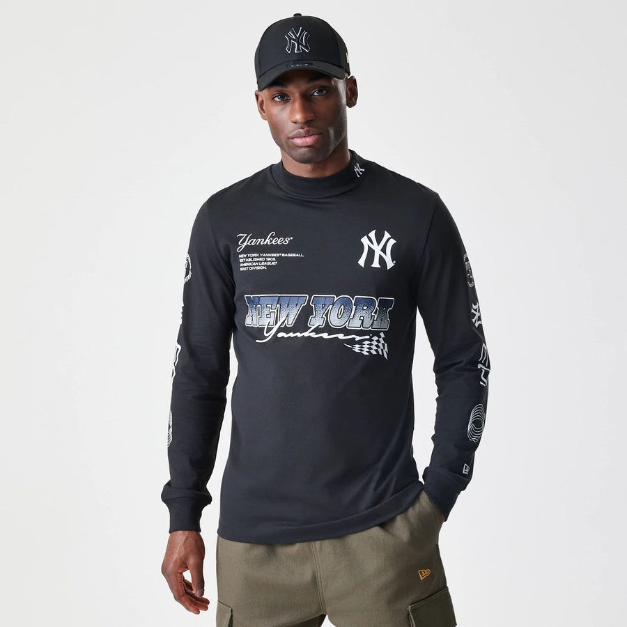 The Male model is wearing New York Yankees Modern Driver Black Long Sleeve T-Shirt 1