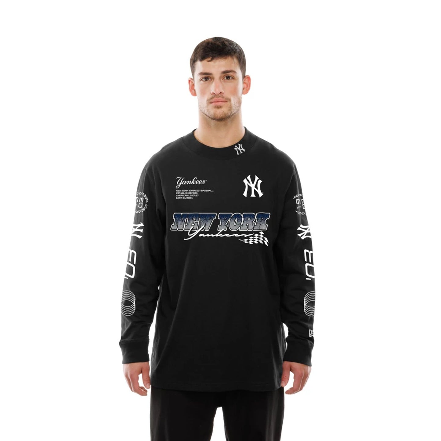 The Male model is wearing New York Yankees Modern Driver Black Long Sleeve T-Shirt 6