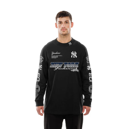 The Male model is wearing New York Yankees Modern Driver Black Long Sleeve T-Shirt 6