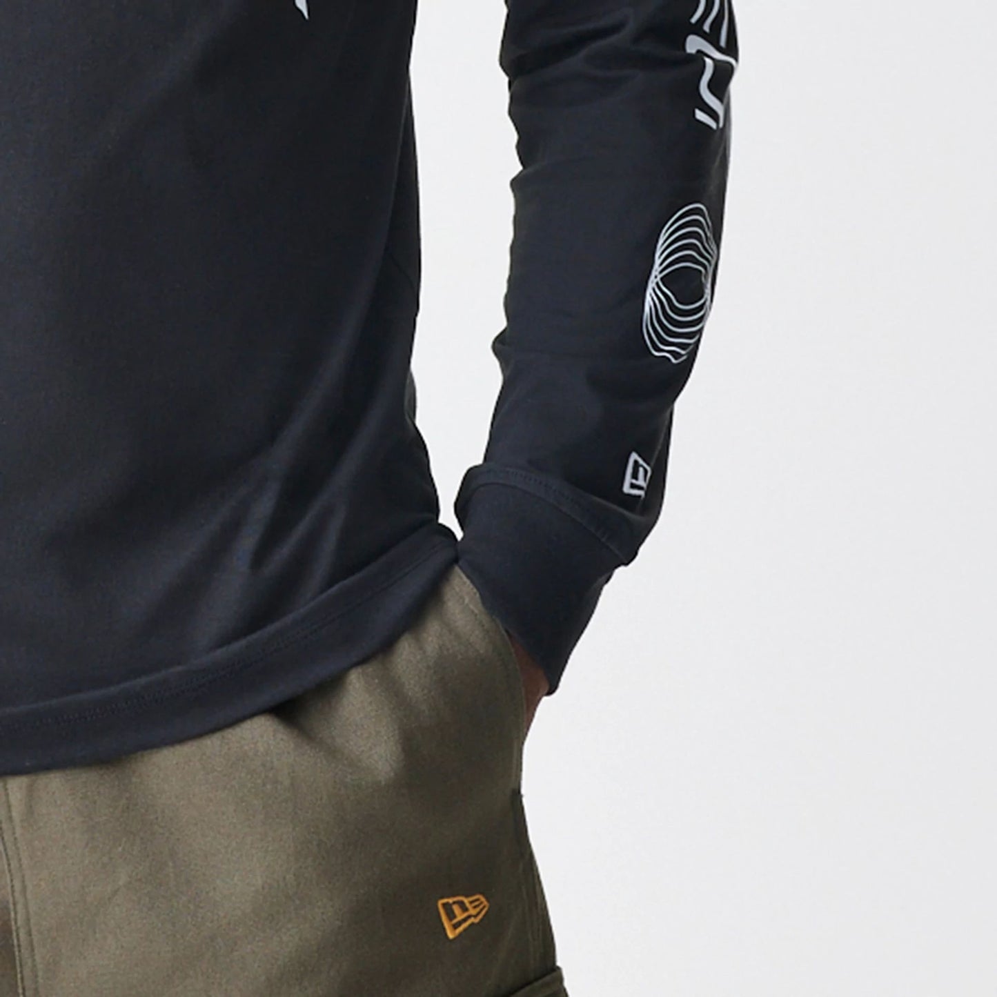 The Male model is wearing New York Yankees Modern Driver Black Long Sleeve T-Shirt 4