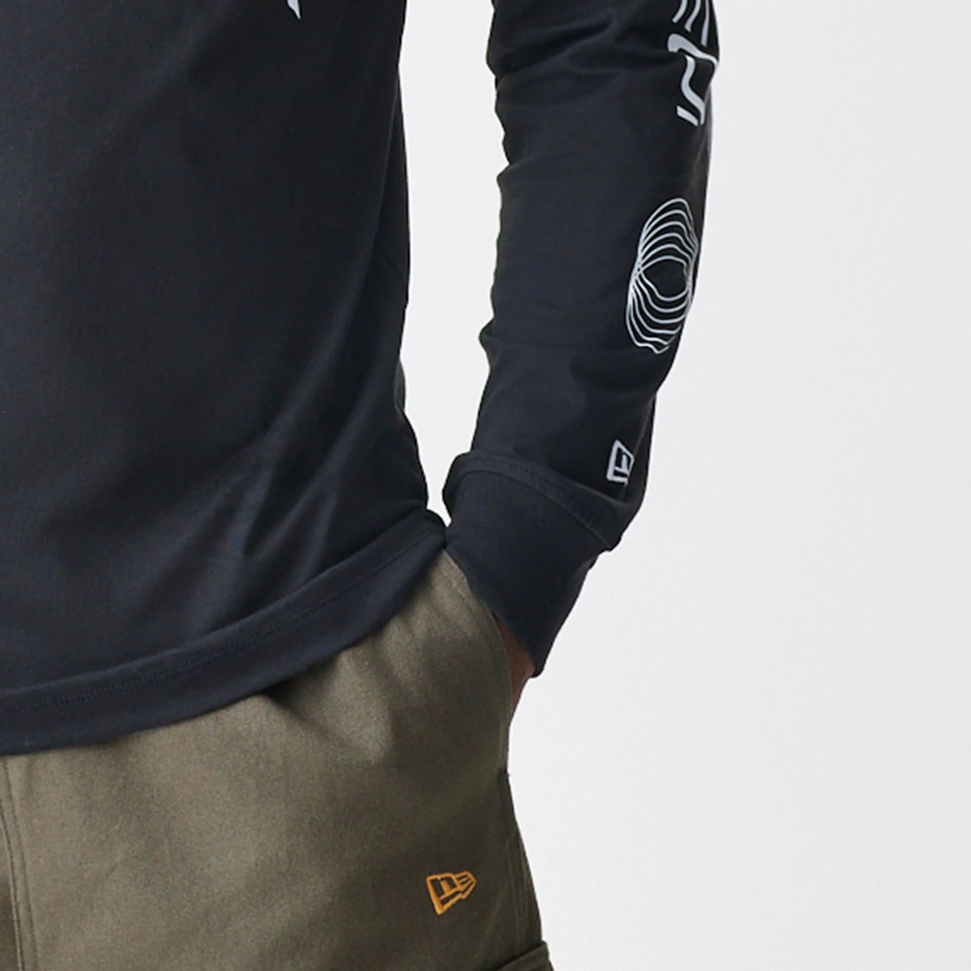 The Male model is wearing New York Yankees Modern Driver Black Long Sleeve T-Shirt 4