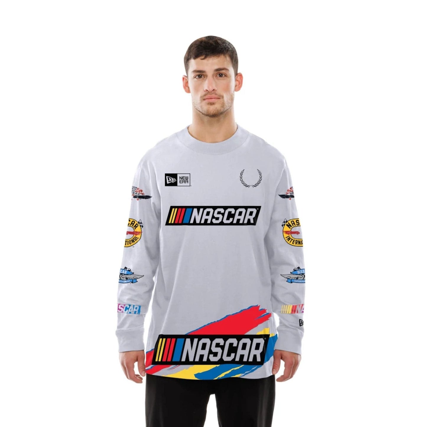 The Male model is wearing Nascar Generic Logo Modern Driver White Long Sleeve T-Shirt 6