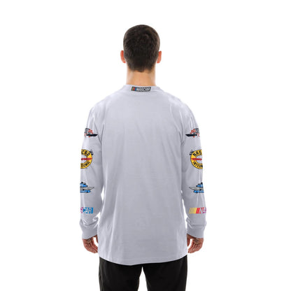 The Male model is wearing Nascar Generic Logo Modern Driver White Long Sleeve T-Shirt 7