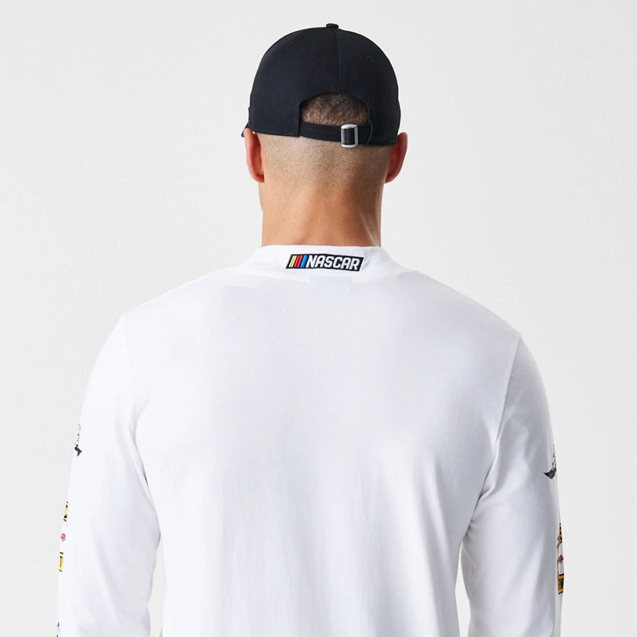 The Male model is wearing Nascar Generic Logo Modern Driver White Long Sleeve T-Shirt 5