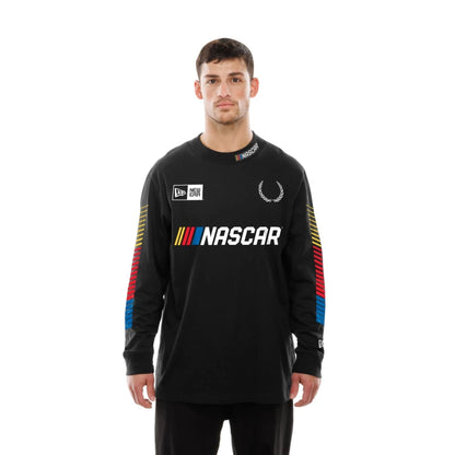 The Male model is wearing Nascar Generic Logo Modern Driver Black Long Sleeve T-Shirt 6