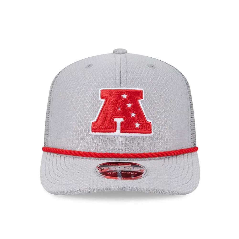 NFL Pro Bowl 2025 AFC Logo Grey New Era 9SEVENTY Trucker Stretch Snap Cap, front view showing the red embroidered A logo with stars on the grey structured front panel, a red rope accent across the visor, and a 9SEVENTY size sticker on the visor.