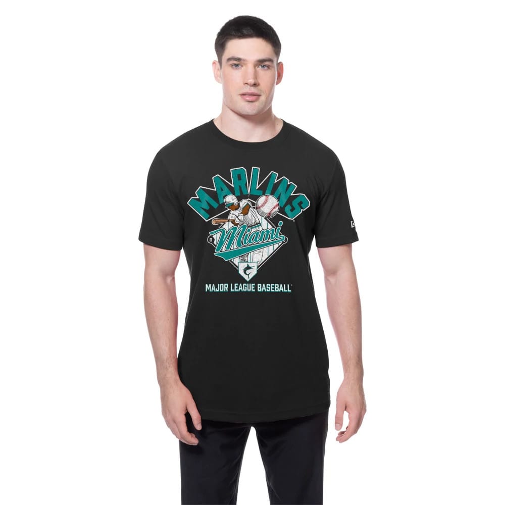 The Male model is wearing Miami Marlins MLB Batting Practice Black T-Shirt 1