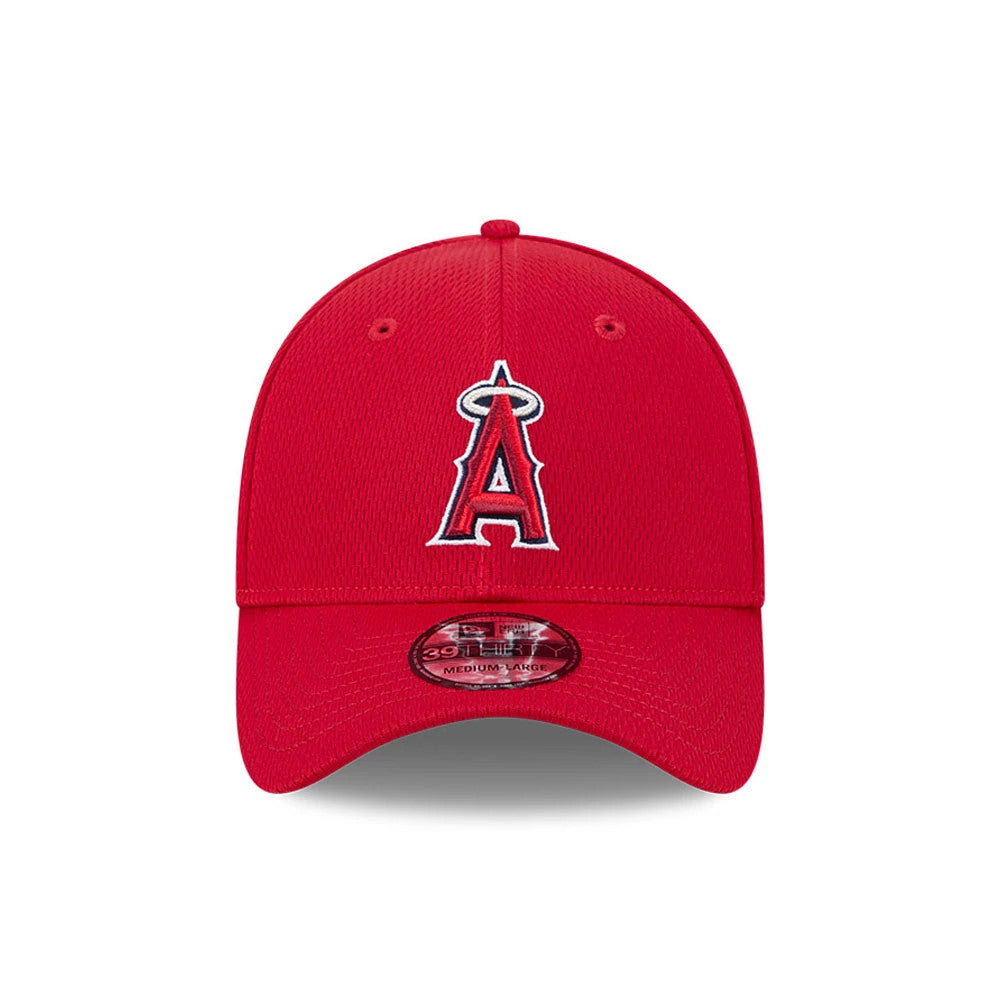 LA Angels MLB Evergreen Red New Era 39THIRTY Stretch Fit Cap, front view showing the raised embroidered white-outlined A logo on the red front panel, curved visor with 39THIRTY size sticker, and eyelets on the crown.