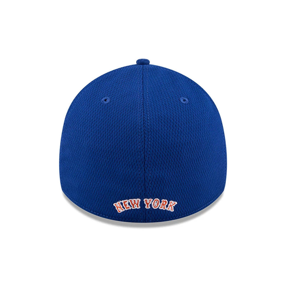 New York Mets MLB Evergreen Blue New Era 39THIRTY Stretch Fit Cap, rear view showing white and orange embroidered New York lettering at the base, on a structured blue crown with matching top button and six eyelets.