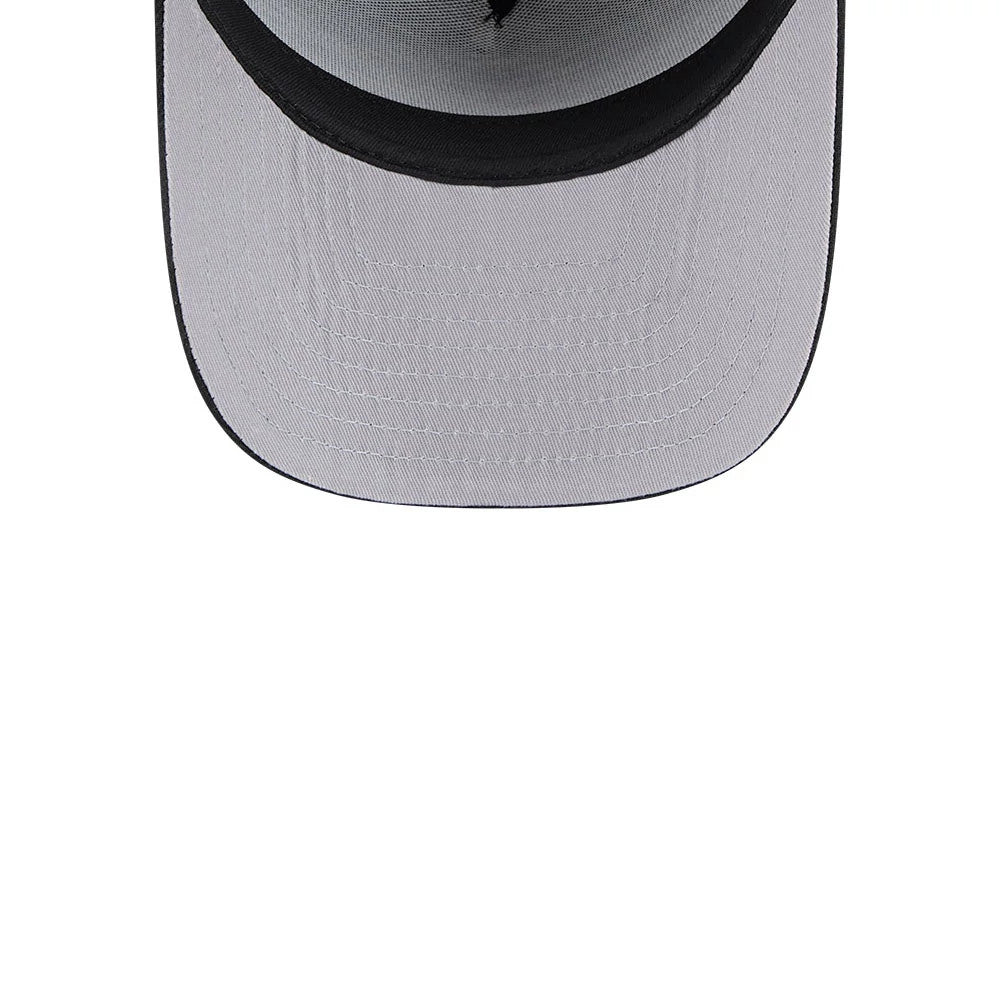 Colorado Rockies MLB Evergreen Black New Era 9FIFTY A-Frame Snapback Adjustable Cap, inside view showing the grey undervisor with matching grey stitching and a contrasting black sweatband along the edge.
