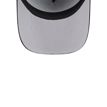 Colorado Rockies MLB Evergreen Black New Era 9FIFTY A-Frame Snapback Adjustable Cap, inside view showing the grey undervisor with matching grey stitching and a contrasting black sweatband along the edge.