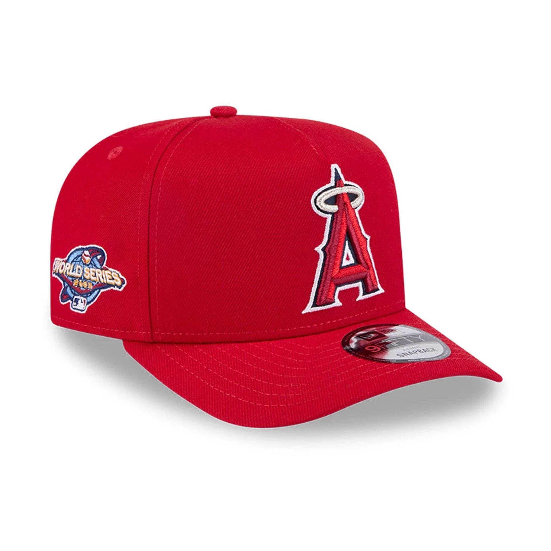 Pictured is this MLB Evergreen LA Angels 9FIFTY A-Frame Snapback cap in red. 1