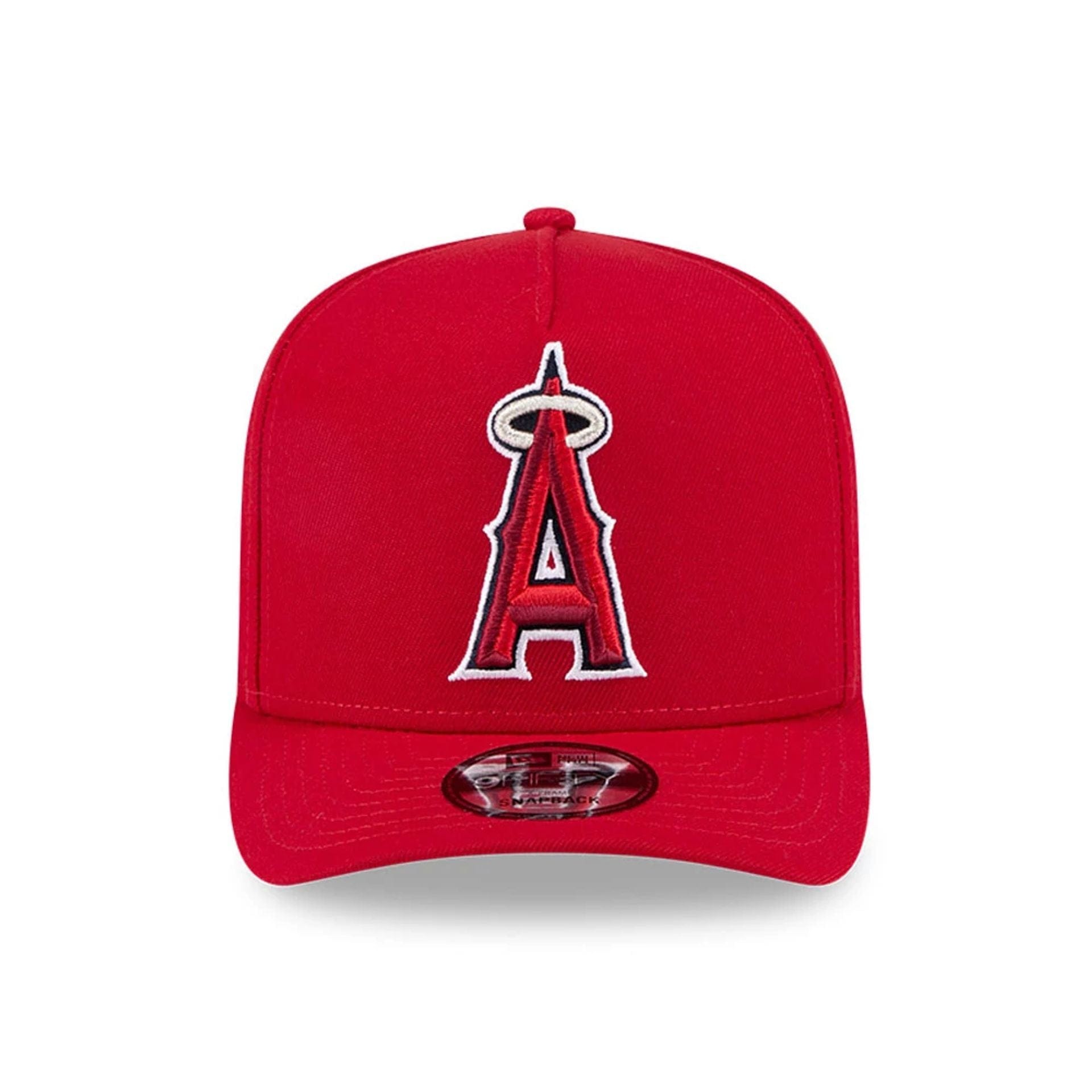 Pictured is this MLB Evergreen LA Angels 9FIFTY A-Frame Snapback cap in red. 3
