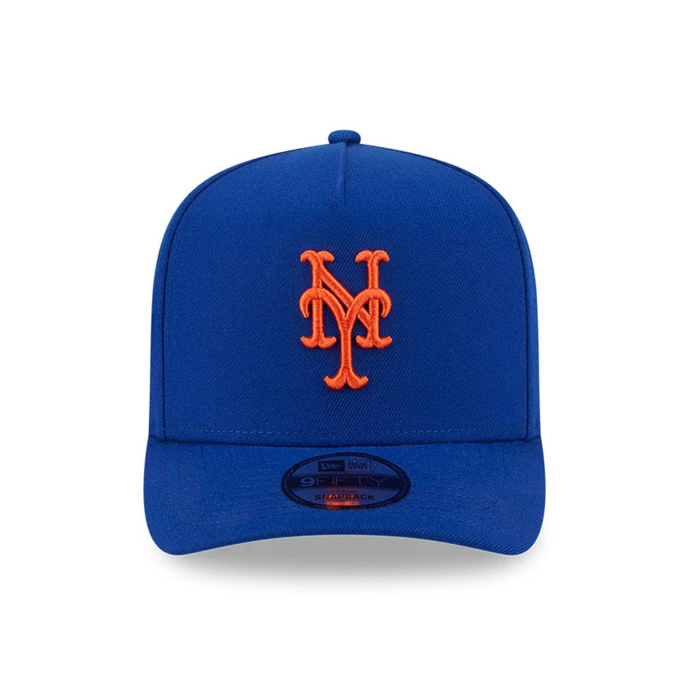 New York Mets MLB Evergreen Blue New Era 9FIFTY A-Frame Snapback Adjustable Cap, front view showing the orange embroidered Mets logo on the structured blue crown, with the 9FIFTY size sticker centred on the flat visor.