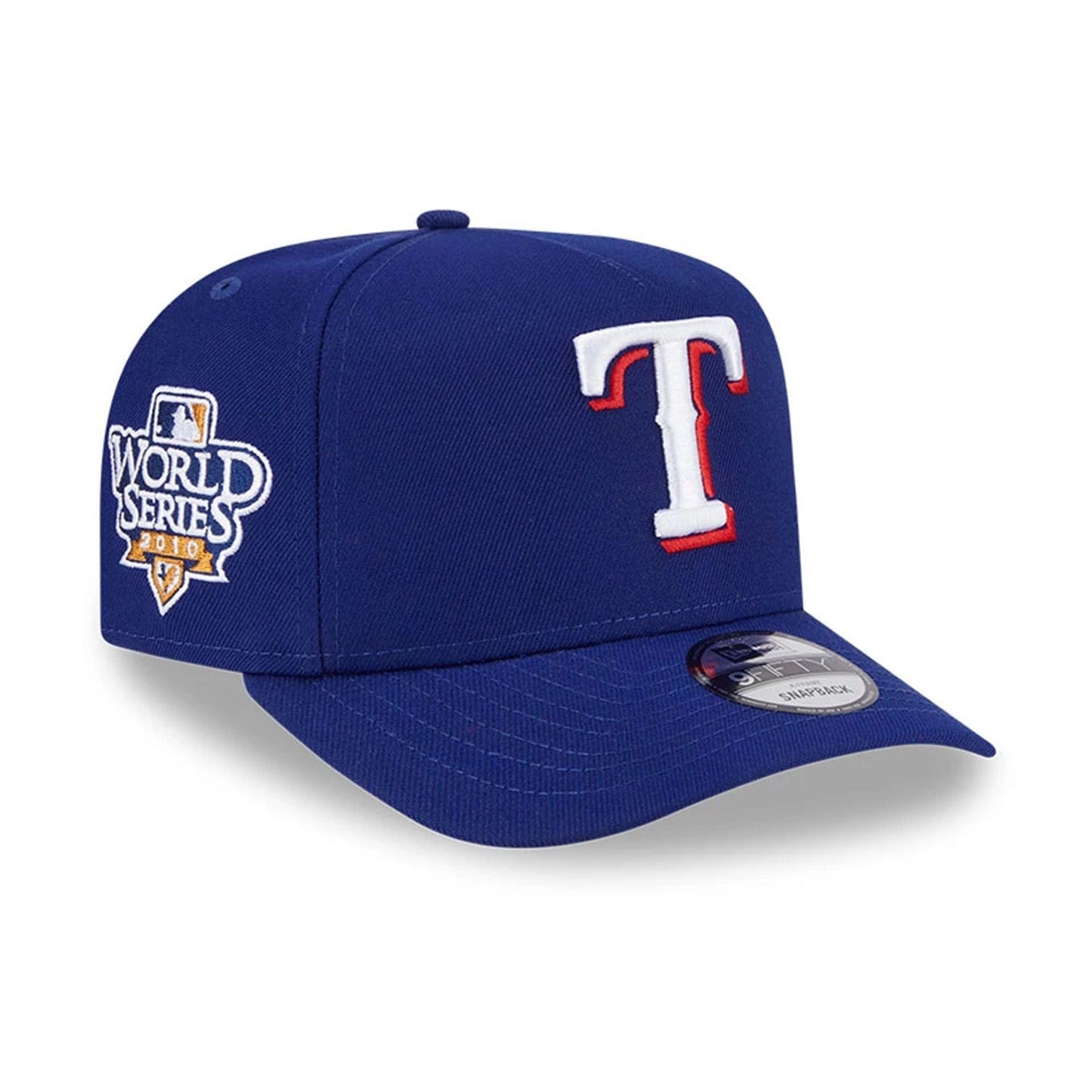 Pictured is this MLB Evergreen Texas Rangers 9FIFTY A-Frame Snapback cap in dark blue. 1