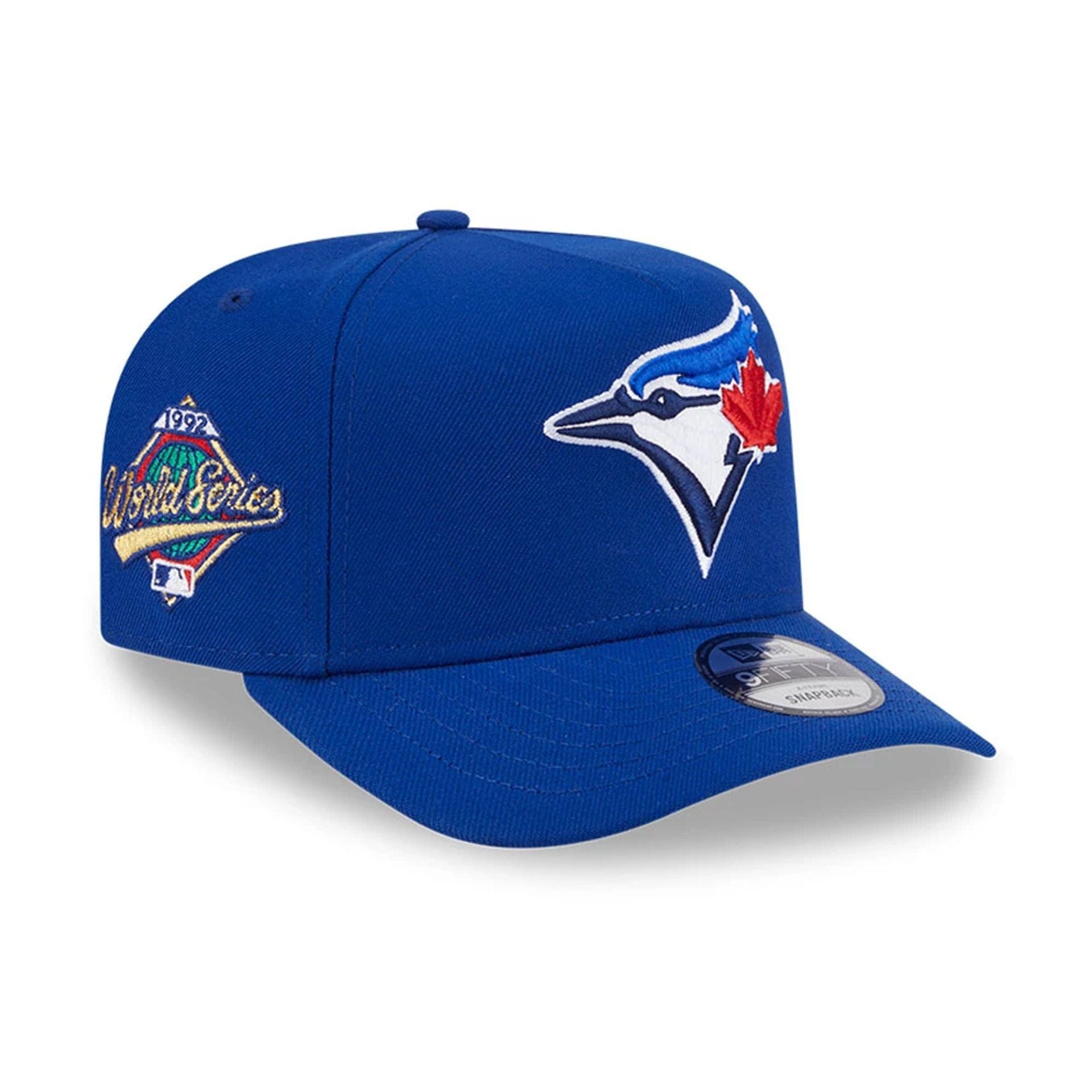 Pictured is this MLB Evergreen Toronto Blue Jays 9FIFTY A-Frame Snapback cap in blue. 1