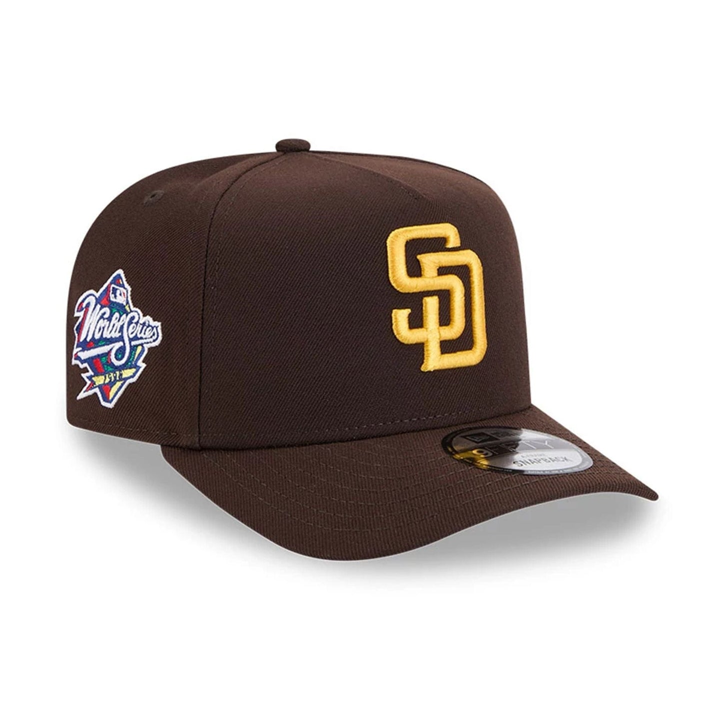 Pictured is this MLB Evergreen San Diego Padres 9FIFTY A-Frame Snapback cap in dark brown. 1